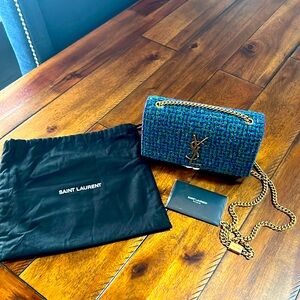 Yves Saint Lauren handbag NWOT. Tweed, jewel tone, with gold hardware.